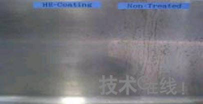 图2：经过镀膜处理的左侧不容易产生水垢
