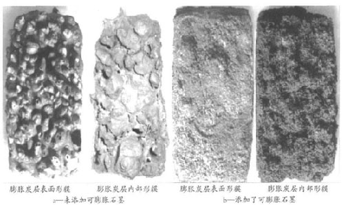 图2添加可膨胀石墨与否的涂料发泡层表面及内部形貌图